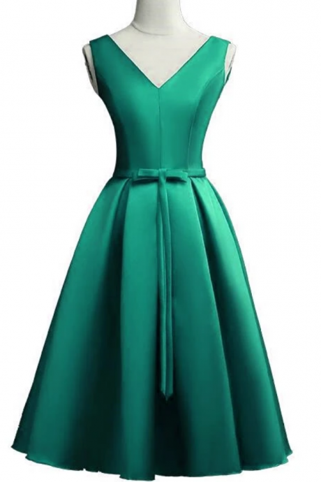 Green Satin Short Party Dress V-neckline Bridesmaid Formal Dress Sa2562