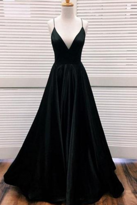 Black Satin Spaghetti Straps V Neck Long Prom Dress Formal Evening Dress Sa2565