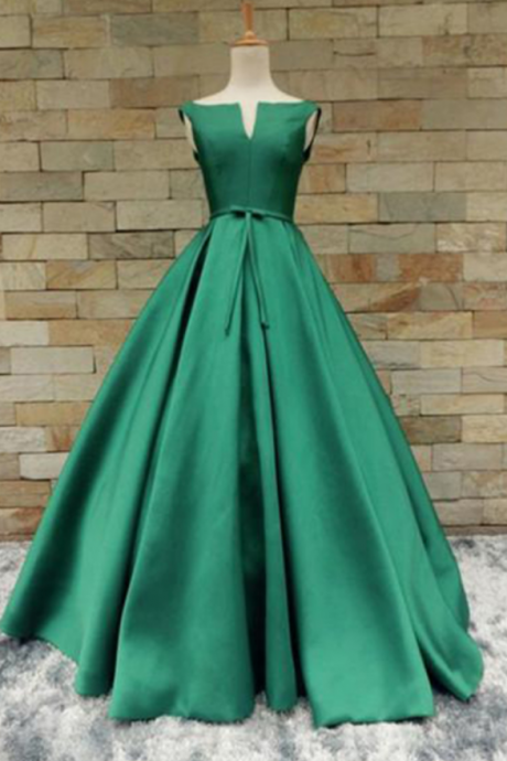 Green Satin Full Length Formal Prom Dress With Sash Sa2568
