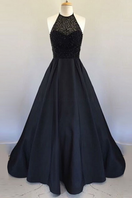 Prom Gownprom Dresses Halter Floor Length Black Pleated Prom Dress With Beadingy Formal Dress Sa2574