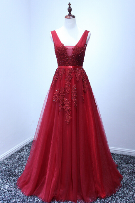 Red Tulle Prom Dress Appliques Charming Formal Evening Dress Sa2578
