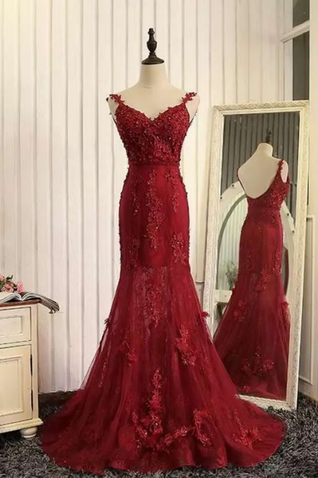 Red Tulle Lace Applique V-neck Open Back Long Prom Dresses Mermaid Dresses Formal Prom Dress Sa2579