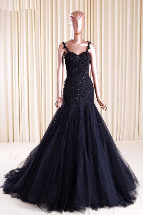 Sweetheart Spaghetti Straps Floor Length Tulle Trumpet Dress Lace Formal Dress Prom Dress Sa2584