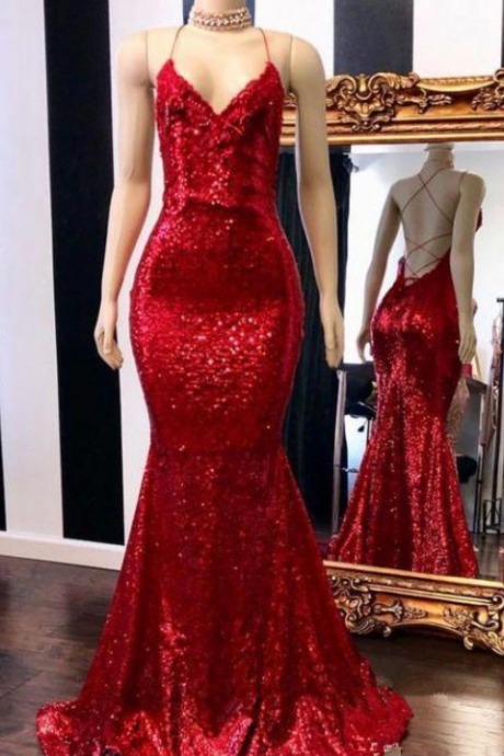 Sequined Red Evening Dresses Mermaid Style V-neck Prom Dress Formal Evening Gowns Elegant Sa2593