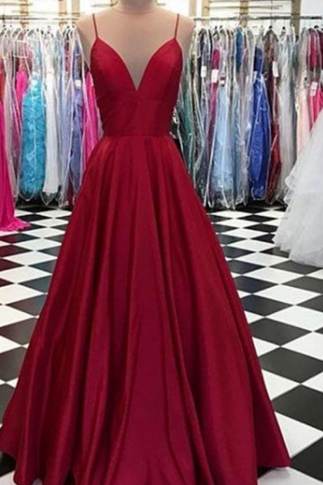 Spaghetti Straps Prom Dresses V-neck Evening Dresses Burgundy Satin Formal Dress Sa2596