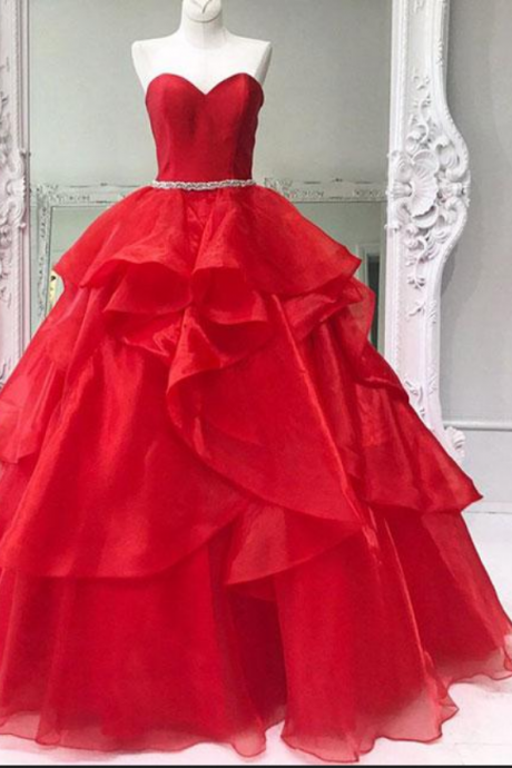 Prom Gown Red Sweetheart Neck Tulle Long Evening Dress Ball Gown Formal Gown Sa2597