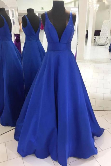 A-line Off Shoulder Blue Satin Long Prom Formal Dress Sa2598