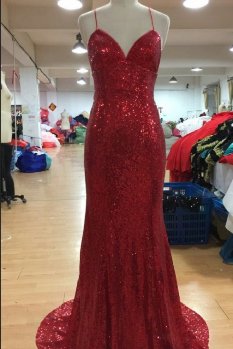 Sequin Red Prom Dresses Spaghetti Straps Women Formal Dresses Sa2600