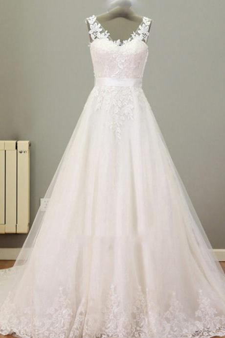 Custom White/Ivory V neck Lace Full Length Wedding Dress Bridal Gown L41