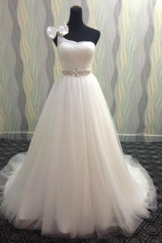 Custom White/ivory One Shoulder Tulle Full Length Wedding Dress Bridal Gown L47