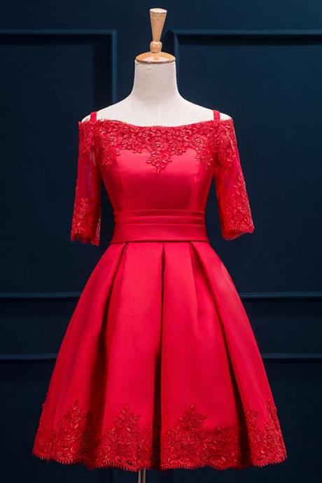 Prom Dresses 2016 Fast Elegant Wine Red Half Sleeves Short Lace Prom Dresses L112