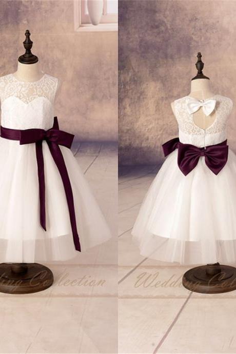 white burgundy flower girl dress