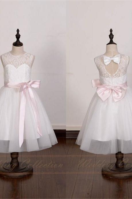 White Ivory Lace Tulle Flower Girl Dress With Pale Pink Sash and Bow W23