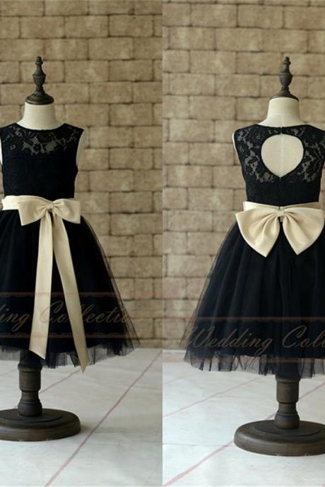 Black Lace Tulle Flower Girl Dress With Champagne Sash and Bow W55