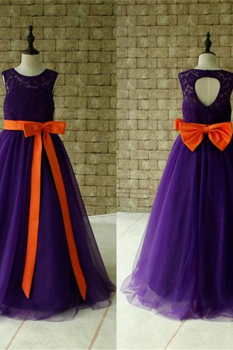 Purple Lace Flower Girl Dress Floor Length with Orange Sash and Bow Birthday Dress Made For Girls, Toddlers W65