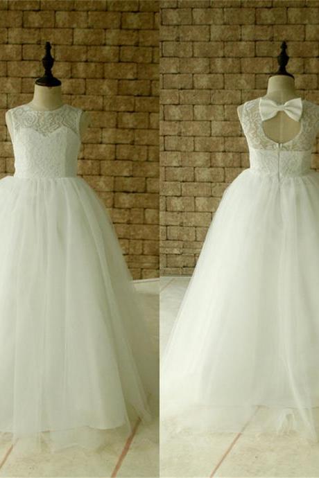 New Lace Tulle Flower Girl Dress Applique Neckline Wedding Party Dance Dress W91