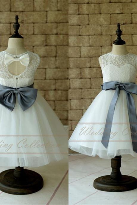 Lace Tulle Flower Girl Dress Applique Neckline Wedding Party Dance Dress W99