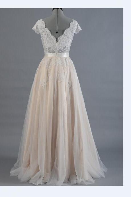 Vestido De Novia Lace A-line Wedding Dress Cap Sleeve V-back Bridal Gown Lace With Tulle W147