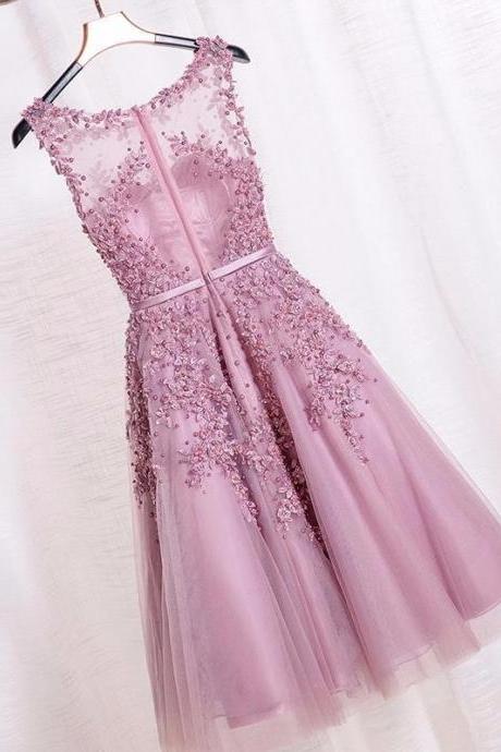 Dust Pink Beaded Lace Appliques Short Prom Dresses Robe De Soiree Knee Length Party Evening Dress