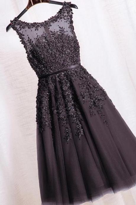 Black Beaded Lace Appliques Short Prom Dresses Robe De Soiree Knee Length Party Evening Dress