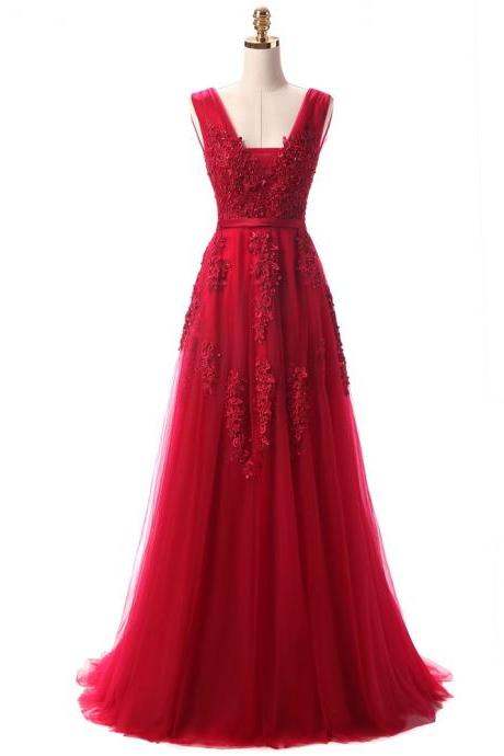 V-neck Sleeveless Lace Appliqués A-line Long Prom Dress, Evening Dress Featuring V Back