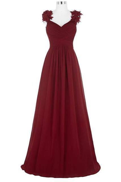 Sleeveless Ruched Chiffon Floor-length A-line Prom Dress, Evening Dress