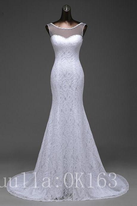 Women Fashion White/ivory Mermaid Wedding Dress Bridal Gown Lace Dress Long Train Prom Dress Kk12