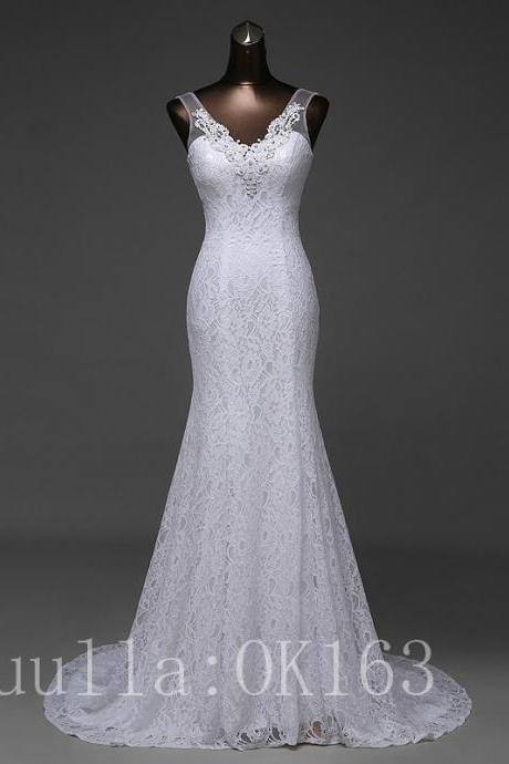 Women Fashion White/Ivory Mermaid V Neck Wedding Dress Bridal Gown Lace Dress Long Train Prom Dress KK14