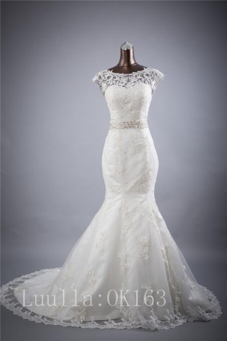 Women Fashion White/ivory Mermaid Cap Shoulder Wedding Dress Bridal Gown Lace Dress Long Train Prom Dress Kk16
