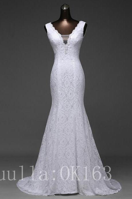 Sleeveless V-neck Lace Mermaid Wedding Dress Featuring Lace-up Back And Train In White/ivory