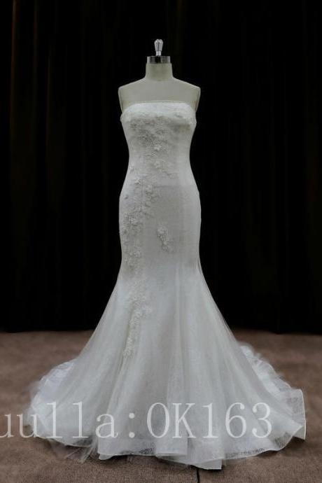 Strapless Lace Floral Appliques Mermaid Wedding Dress With Train
