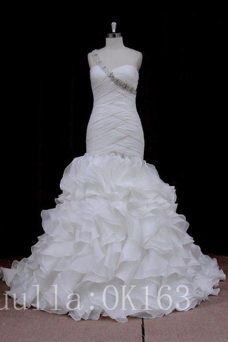 Women Fashion White/ivory One Shoulder Organza Wedding Dress Bridal Gown Sexy Mermaid Dress Long Train Prom Dress Kk30