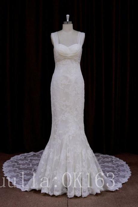 Sleeveless Lace Mermaid Wedding Dress Featuring Lace-Up Back and Long Train