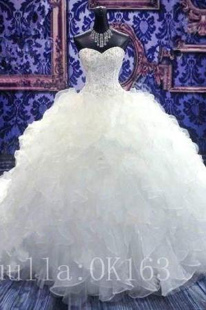 Women Fashion White/ivory Organza Beaded Wedding Dress Bridal Gown Sexy Ball Gown Dress Long Train Prom Dress Kk34
