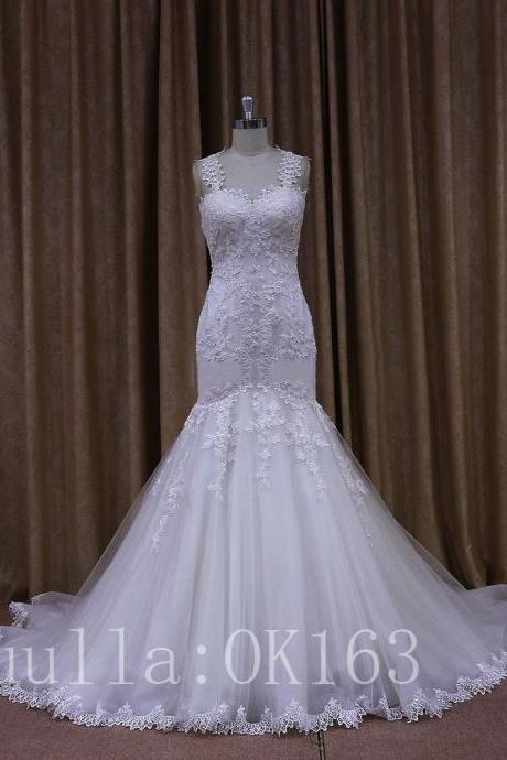 Women Fashion White/ivory Lace Wedding Dress Full Length Bridal Gown Long Train Prom Dress Kk37