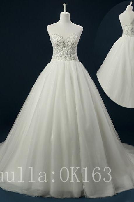Women Fashion White/ivory Strapless Organza Wedding Dress Bridal Gown Sexy Ball Gown Dress Long Train Prom Dress Kk38