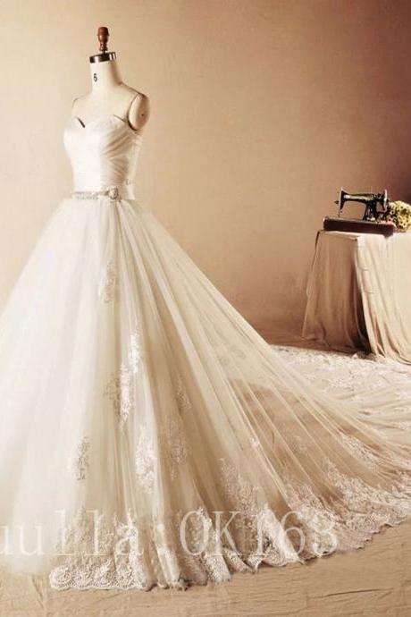 Women Fashion White/ivory Lace Wedding Dress Full Length Bridal Gown Long Train Prom Dress Kk39