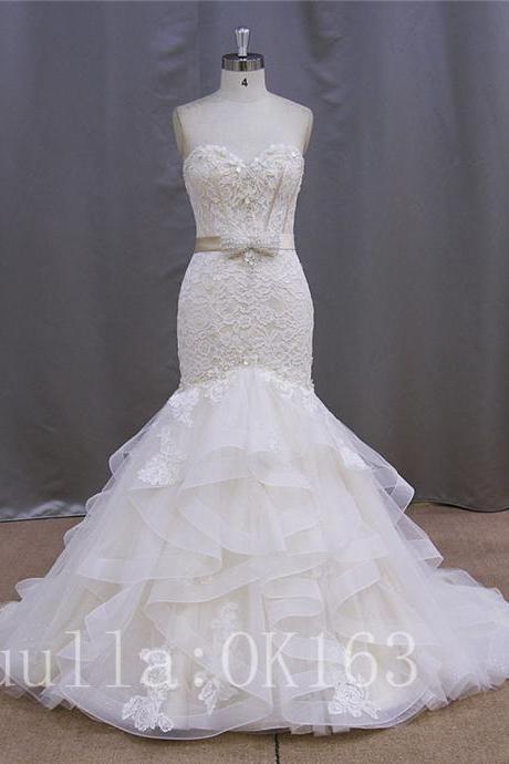Women Fashion White/ivory Strapless Organza Lace Wedding Dress Bridal Gown Sexy Ball Gown Dress Long Train Prom Dress Kk40