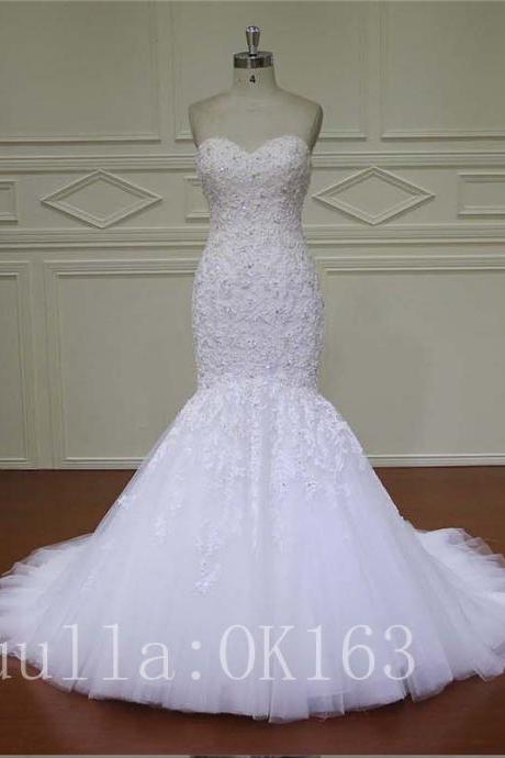 Women Fashion White/ivory Lace Strapless Mermaid Wedding Dress Full Length Bridal Gown Prom Dress Kk46