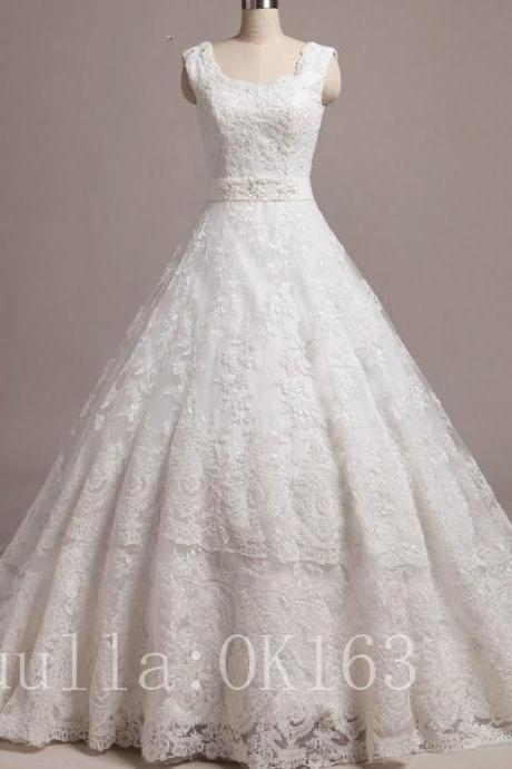 Women Fashion White/ivory Lace A Line Wedding Dress Full Length Bridal Gown Prom Dress Kk49