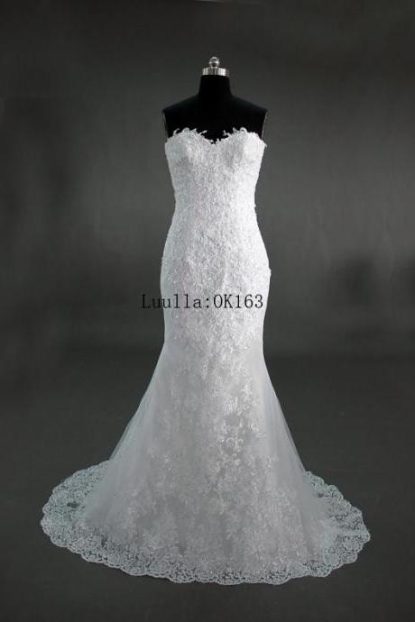 Strapless Sweetheart Lace Appliqués Mermaid Wedding Dress In White Or Ivory