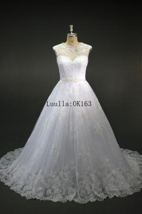 Women Fashion White/Ivory Lace A Line Wedding Dress Full Length Bridal Gown Prom Dress KK81