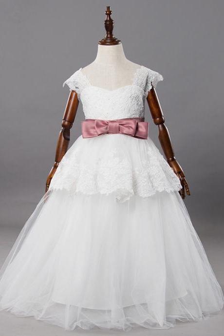 Princess Ball Gown White Lace Flower Girls Dresses For Weddings 2016 Tulle Belt Bow Knot Custom First Communion Dress Gown Kids67
