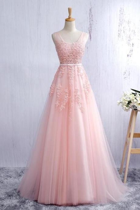 Pink V Neck Tulle Prom Dress, Open Back A Line Formal Gown With Lace Appliques JA28