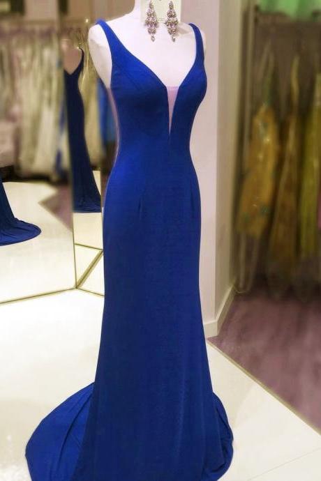 Royal Blue Fitted Formal Gown,Fitted Plunging V Neck Party Dress,Jersey Evening Dress JA33