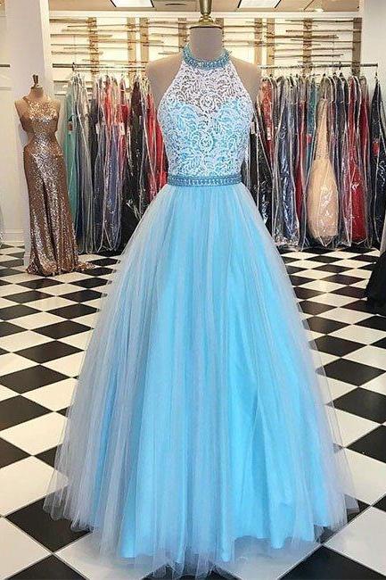 Blue High Neck Lace Tulle Long Prom Dress, Lace Prom Dress, Modest Prom Dress, Charming Prom Dress, Tulle Evening Dress Ja48
