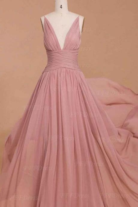 Spaghetti Straps Prom Dress Dusty Pink Bridesmaid Dresses, Long Prom Dresses, Deep-v Prom Dresses Ja56