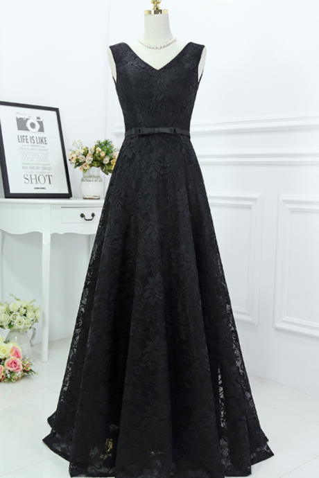 Black Lace Evening Formal Dress V Neck Sash A Line Party Prom Gowns Mother Of Bride Dresses Vestido De Festa Longo Ja75