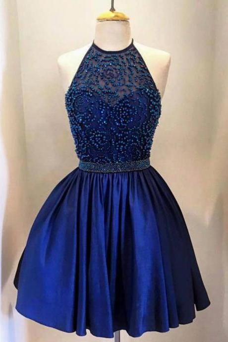 Short Royal Blue Satin Homecoming Prom Party Dresses JA93