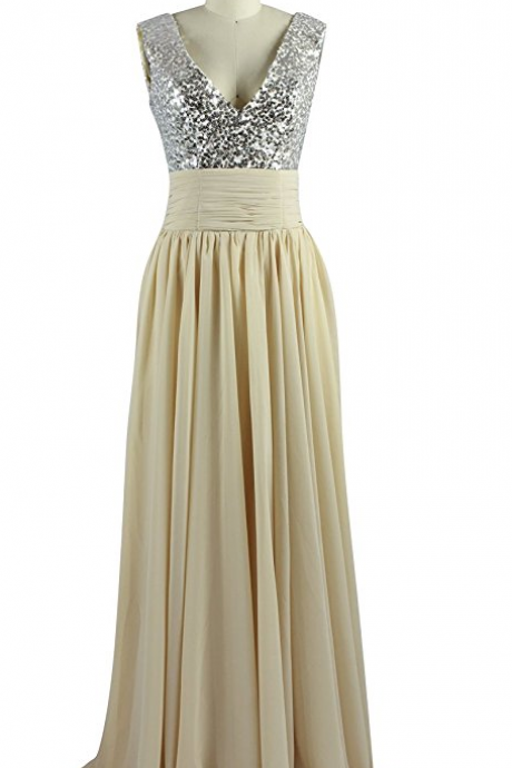 Sleeveless V Neck Sequin Chiffon Champagne Evening Gown Prom Dress Ja109